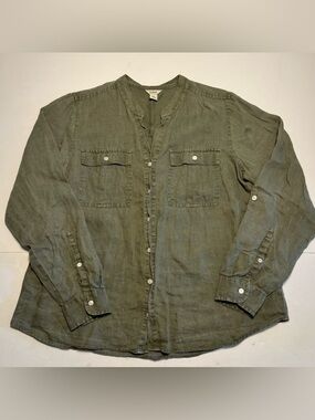 LL Bean Women Size Medium Shirt Button Down Top Green 100% Linen Long Sleeve
